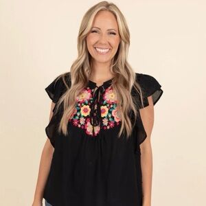 Savanna Jane Black Top with Colorful Floral Embroidery